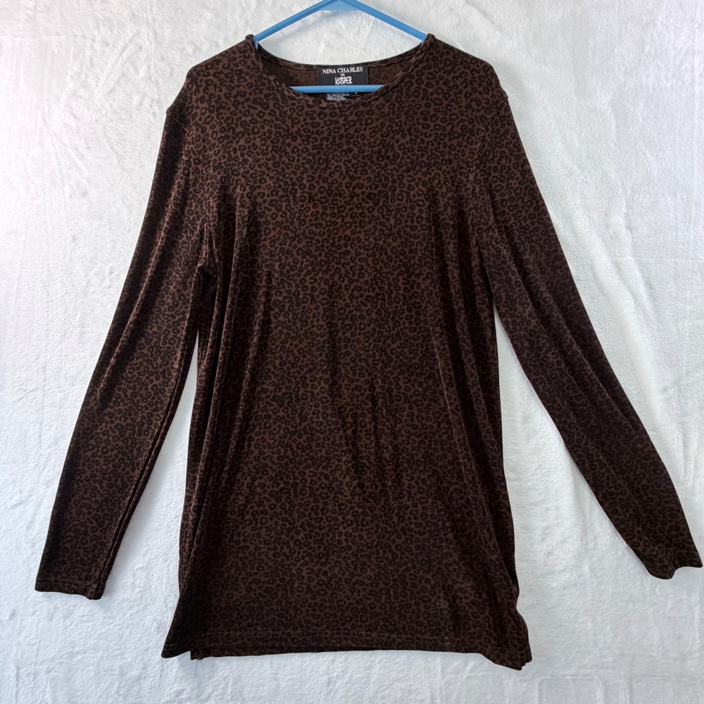 Vintage Nina Charles Kasper ASL Top Size S Leopard Print 90s Stretch Long Sleeve
